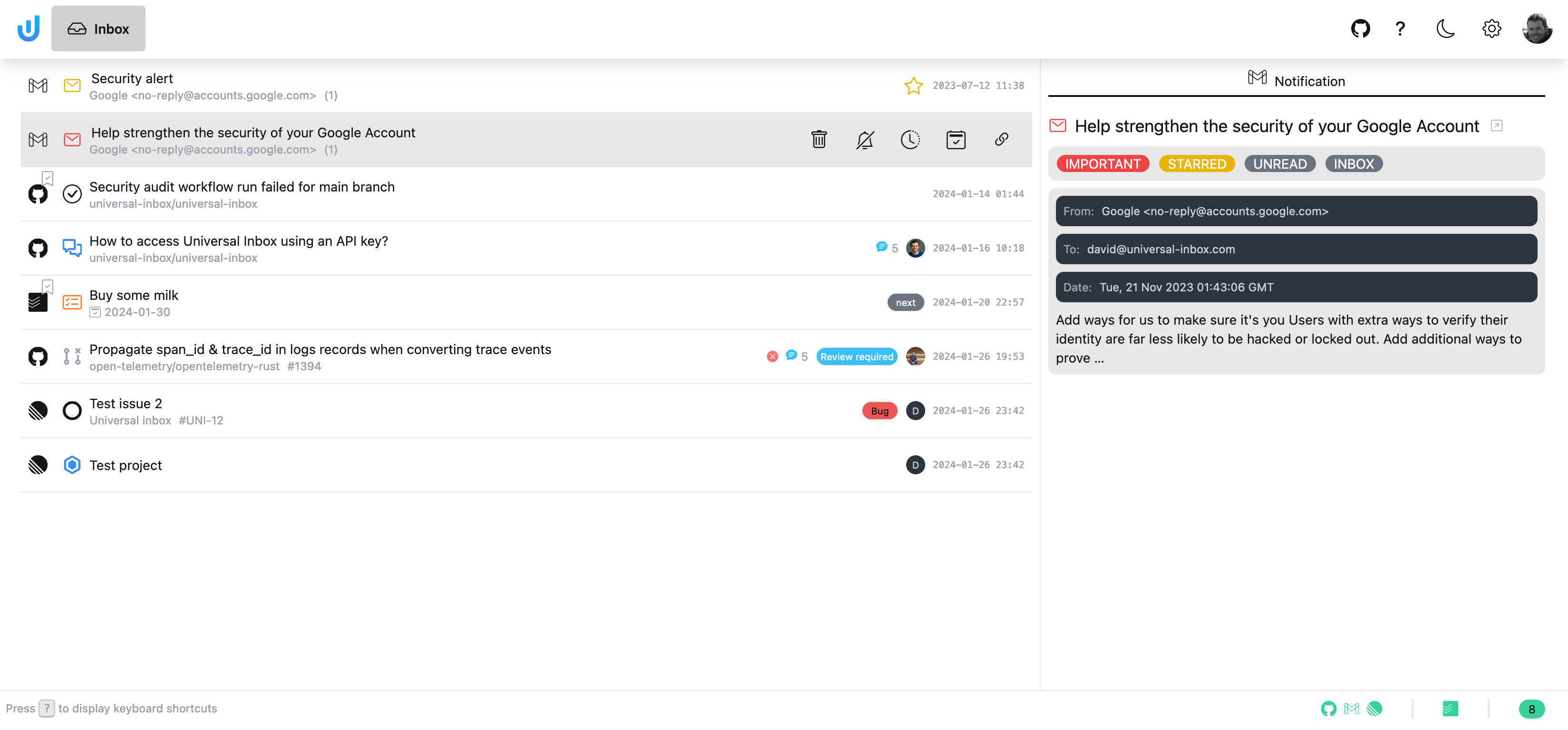 Screenshot of Universal Inbox